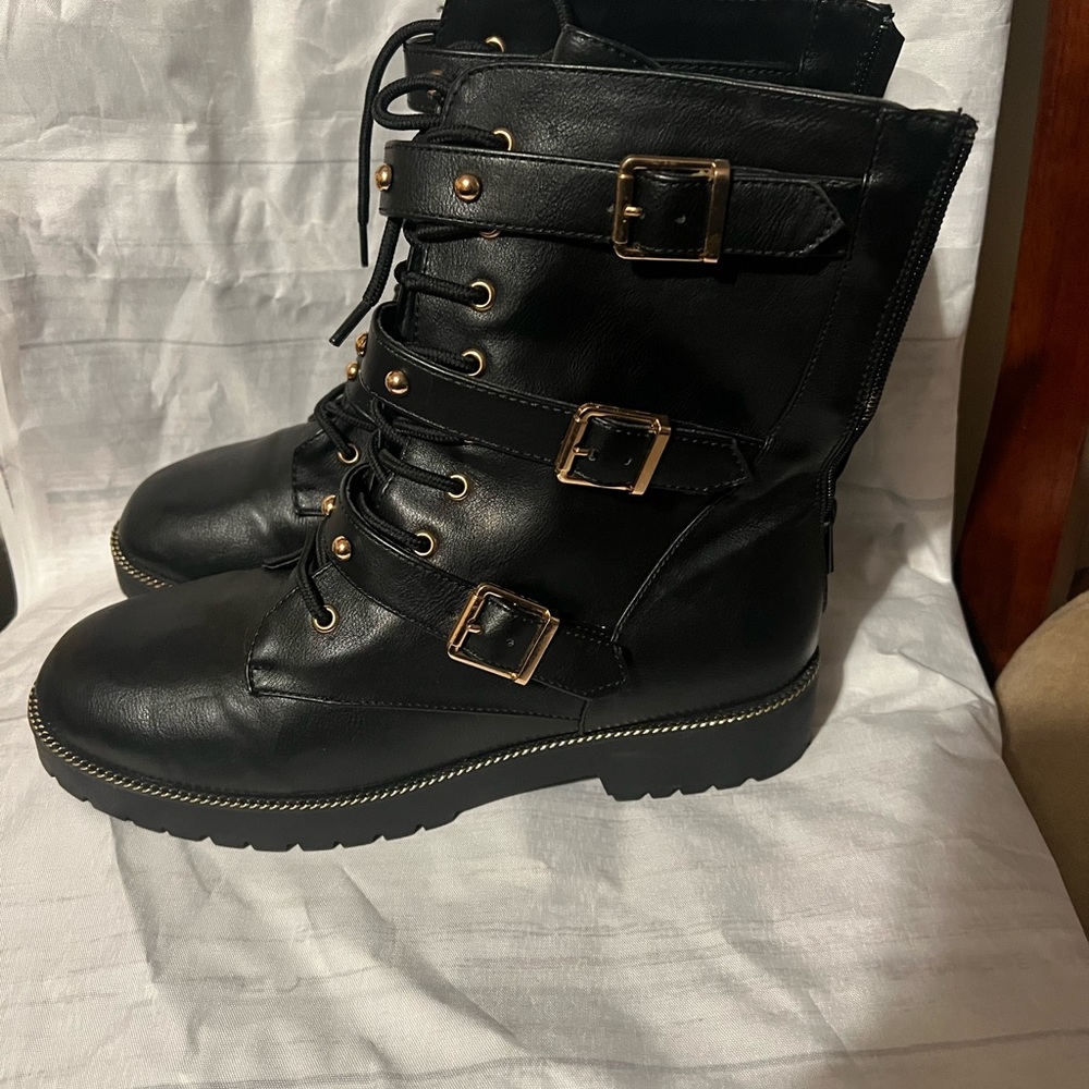 BAMBOO Black Moto Boots with Gold Accents